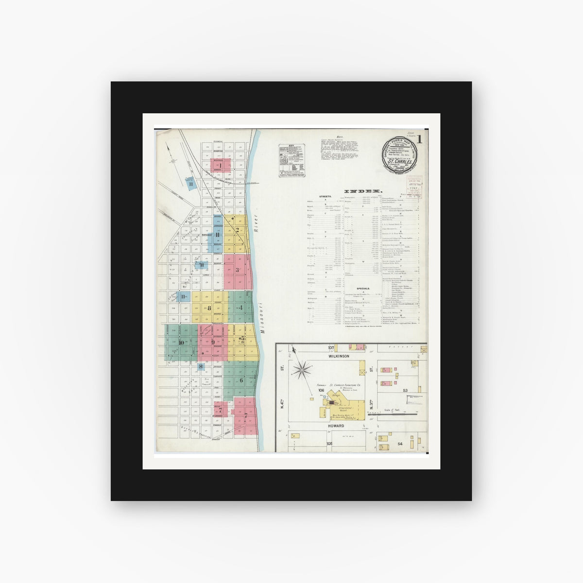 Old map wall art mockup — black gallery frame with white mat — Sanborn Fire Insurance Map from Saint Charles, Saint Charles County, Missouri (1900) - Complete Map Set