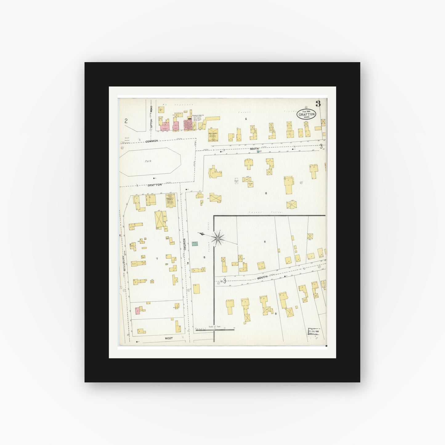 Old map wall art mockup — black gallery frame with white mat — Sanborn Fire Insurance Map from Grafton, Worcester County, Massachusetts (1904), Sheet #0003