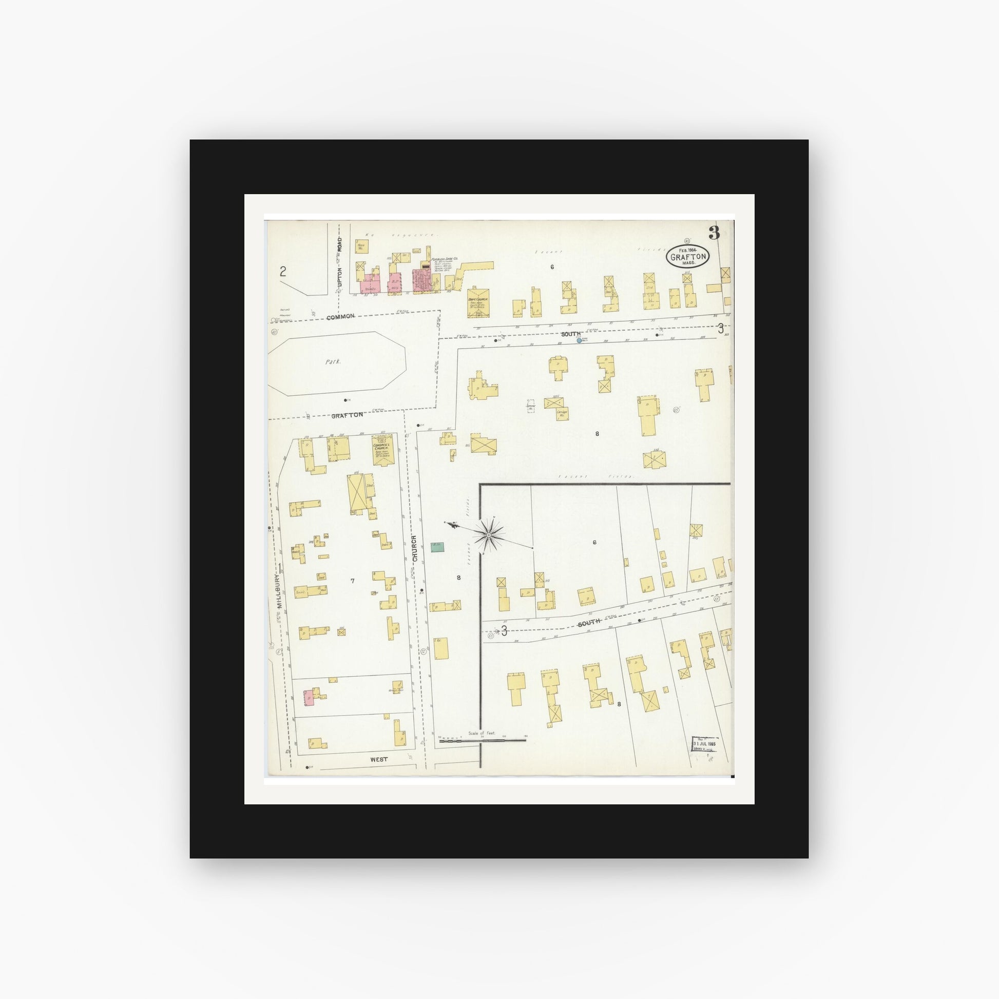 Old map wall art mockup — black gallery frame with white mat — Sanborn Fire Insurance Map from Grafton, Worcester County, Massachusetts (1904), Sheet #0003
