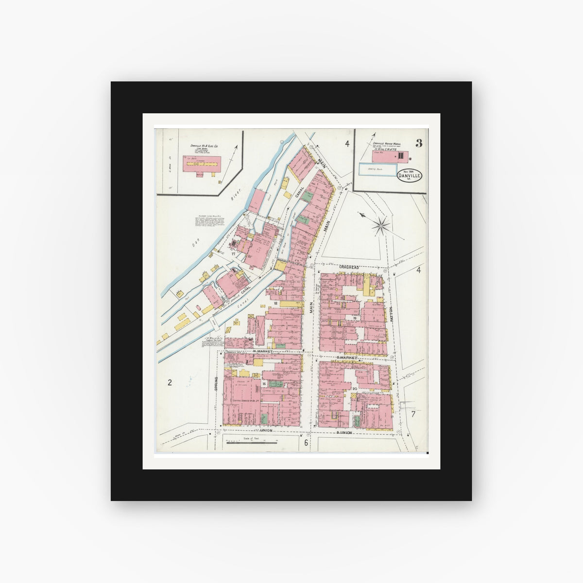 Old map wall art mockup — black gallery frame with white mat — Sanborn Fire Insurance Map from Danville, Independent Cities, Virginia (1904), Sheet #0003