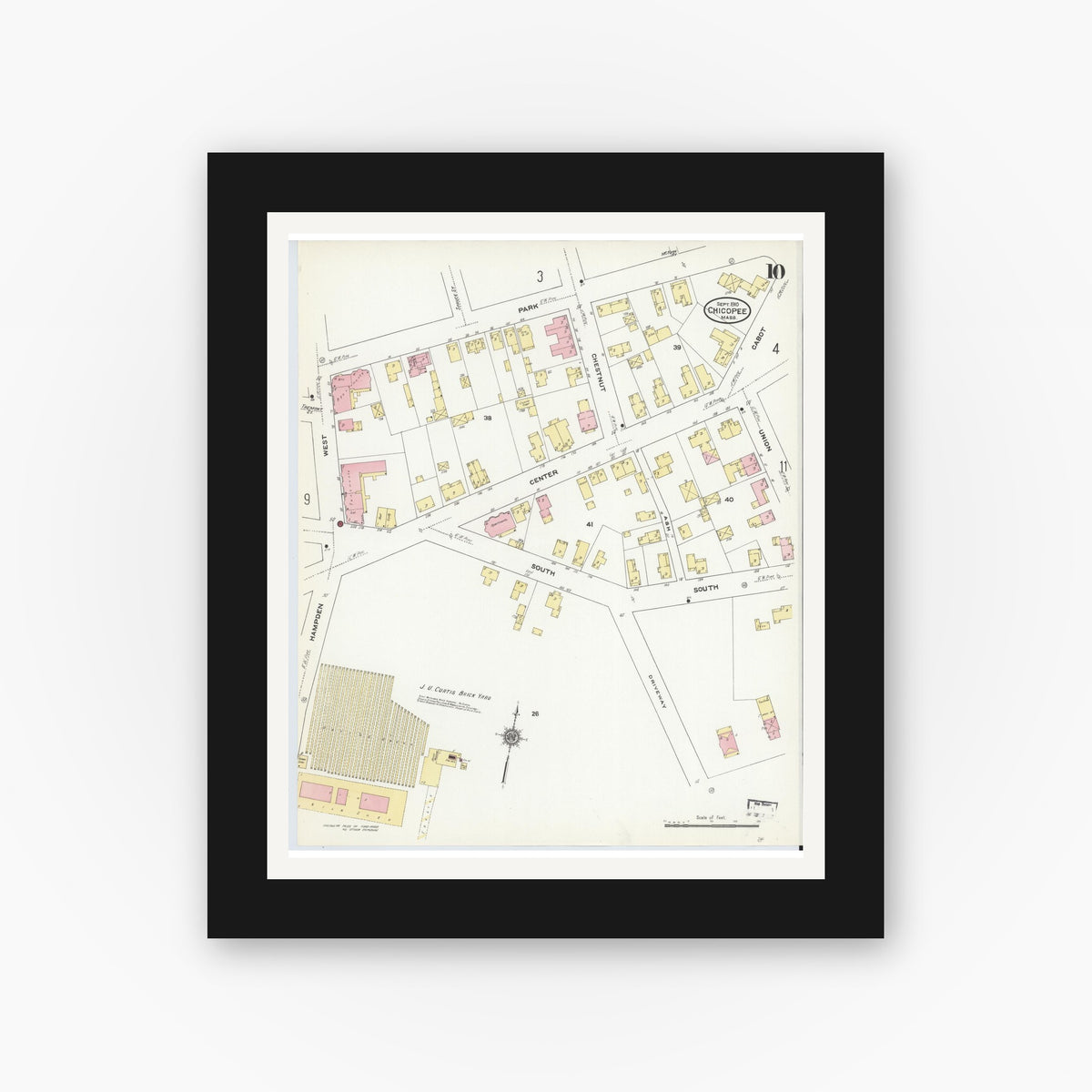 Old map wall art mockup — black gallery frame with white mat — Sanborn Fire Insurance Map from Chicopee, Hampden County, Massachusetts (1910), Sheet #0010