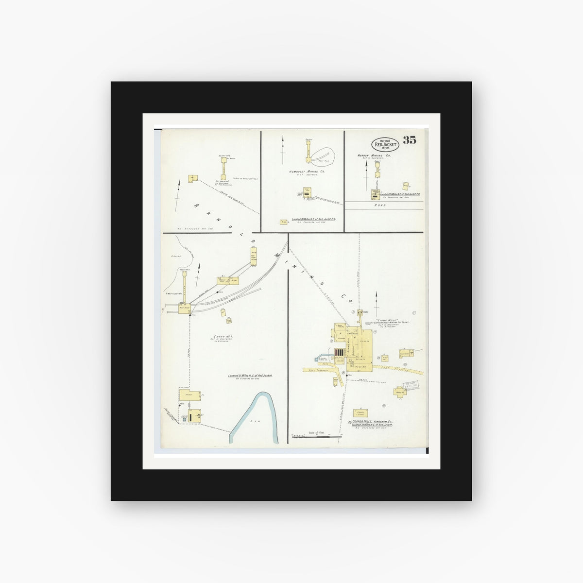 Old map wall art mockup — black gallery frame with white mat — Sanborn Fire Insurance Map from Red Jacket, Houghton County, Michigan (1908), Sheet #0035