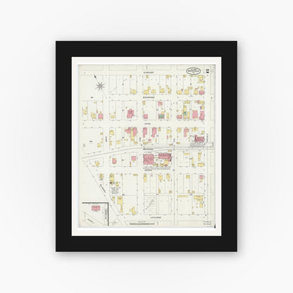 Old map wall art mockup — black gallery frame with white mat — Sanborn Fire Insurance Map from Batesville, Ripley County, Indiana (1899), Sheet #0002