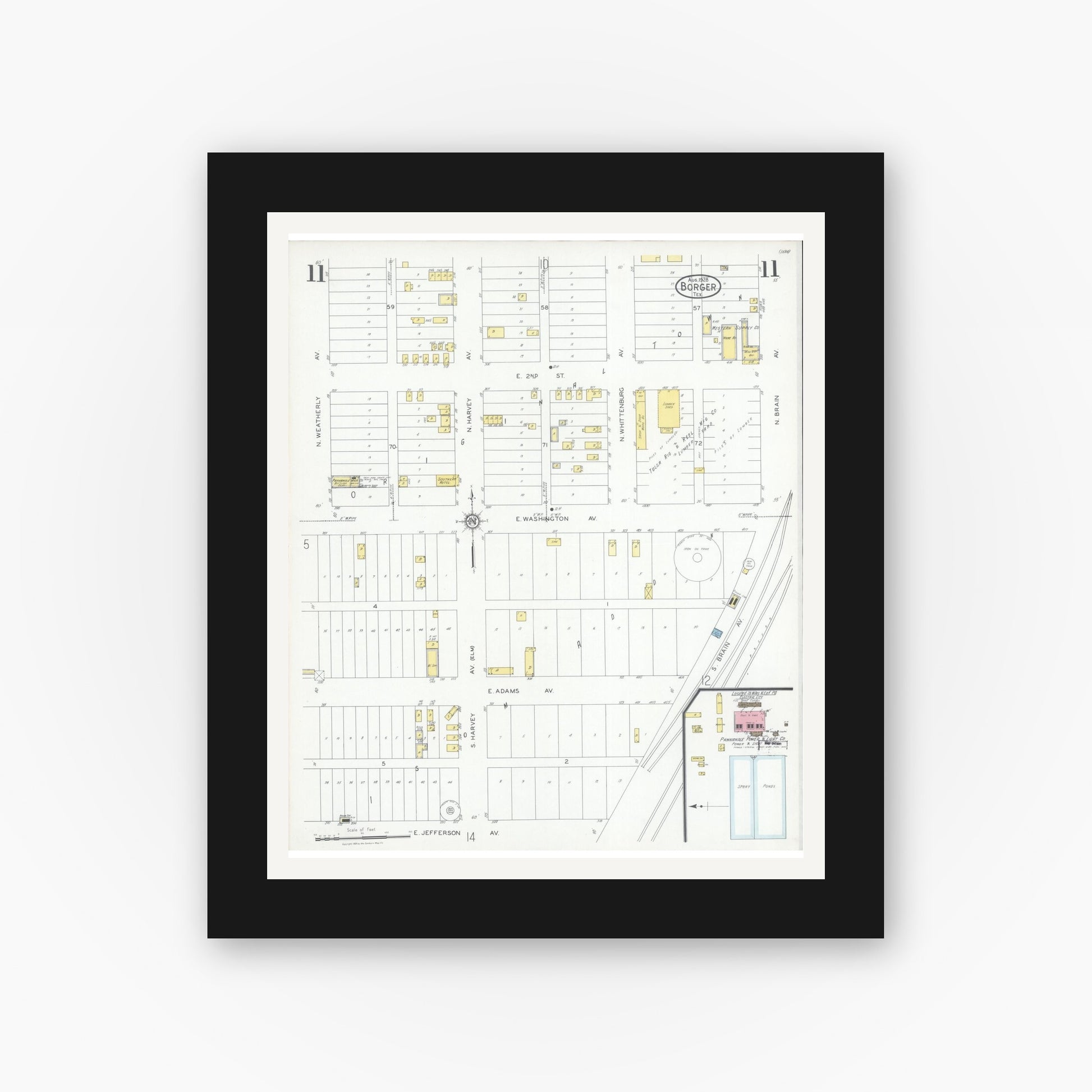 Old map wall art mockup — black gallery frame with white mat — Sanborn Fire Insurance Map from Borger, Hutchinson County, Texas (1928), Sheet #0011