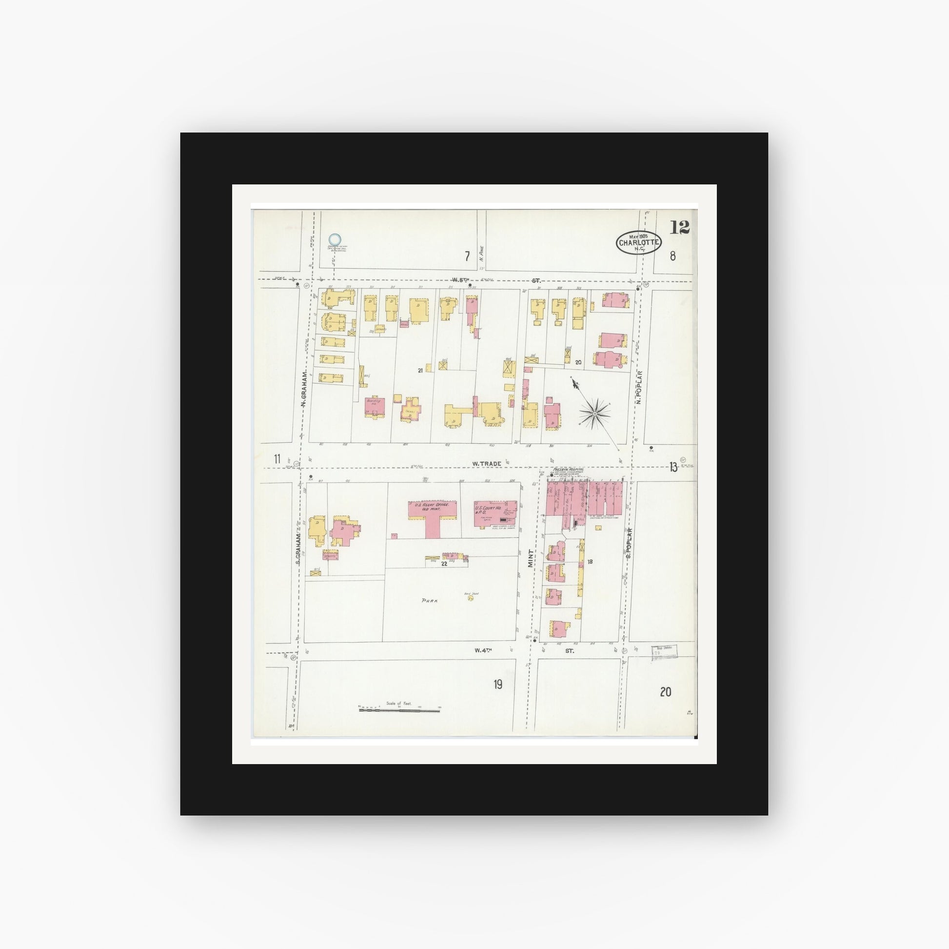 Old map wall art mockup — black gallery frame with white mat — Sanborn Fire Insurance Map from Charlotte, Mecklenburg County, North Carolina (1905), Sheet #0012