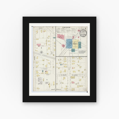 Old map wall art mockup — black gallery frame with white mat — Sanborn Fire Insurance Map from Clyde, Sandusky County, Ohio (1893), Sheet #0001