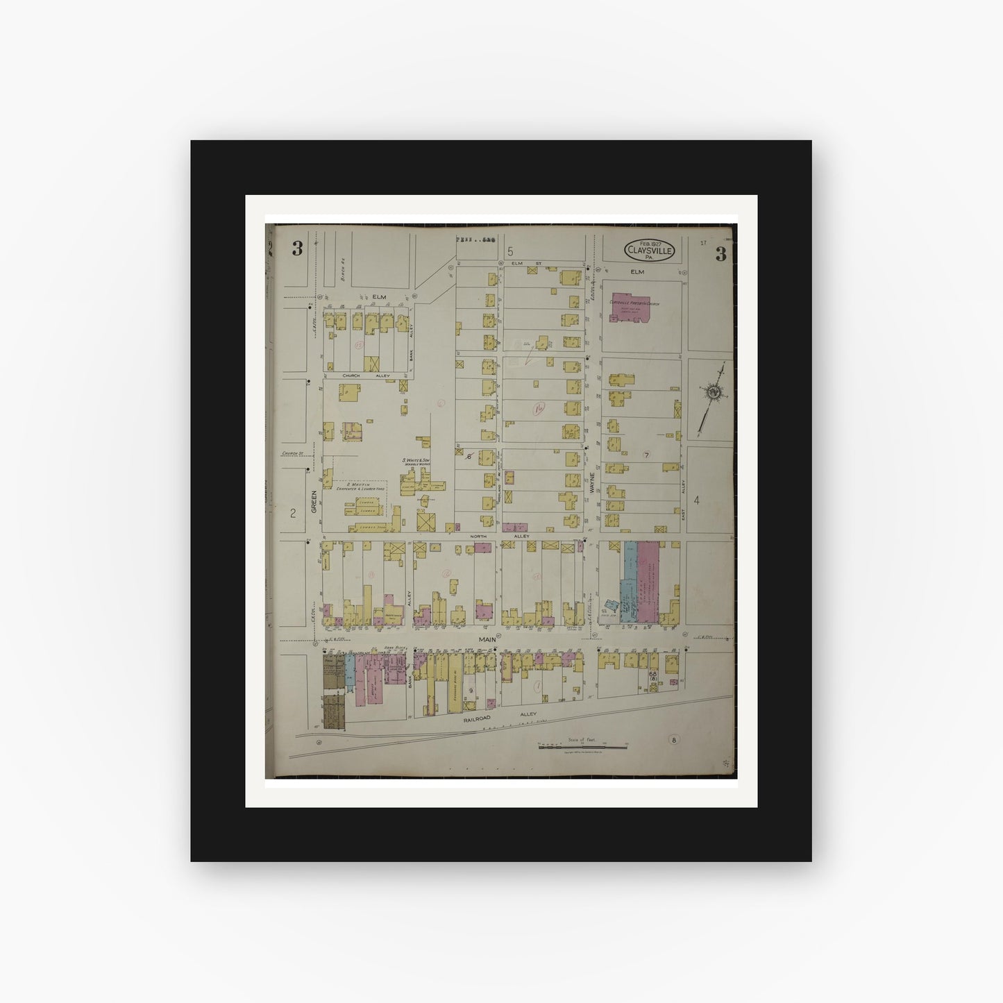 Old map wall art mockup — black gallery frame with white mat — Sanborn Fire Insurance Map from Claysville, Washington County, Pennsylvania (1943), Sheet #0003