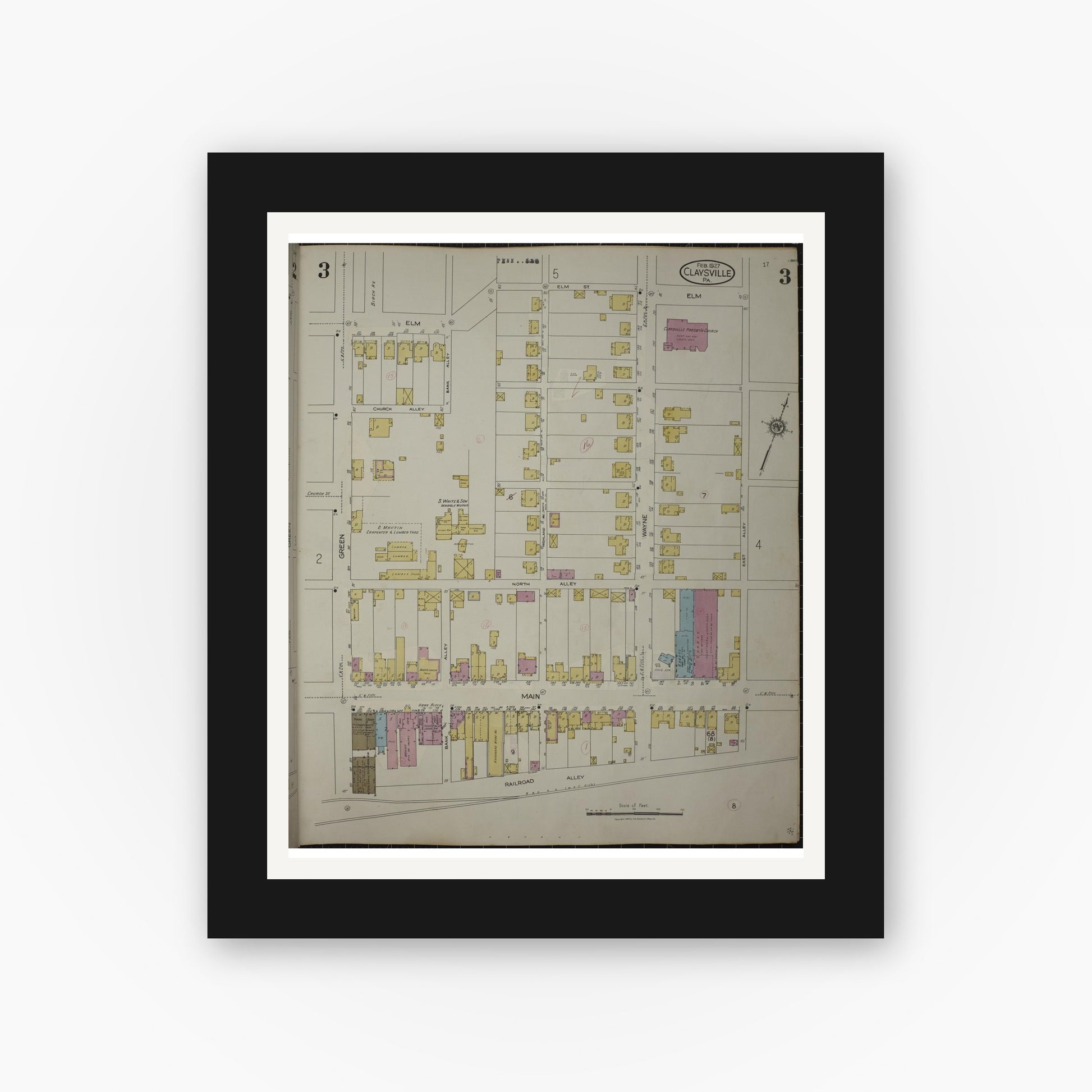 Old map wall art mockup — black gallery frame with white mat — Sanborn Fire Insurance Map from Claysville, Washington County, Pennsylvania (1943), Sheet #0003