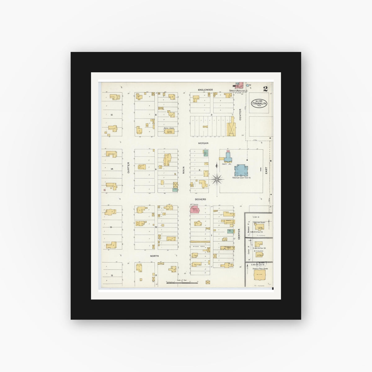 Old map wall art mockup — black gallery frame with white mat — Sanborn Fire Insurance Map from Franklin, Robertson County, Texas (1905), Sheet #0002