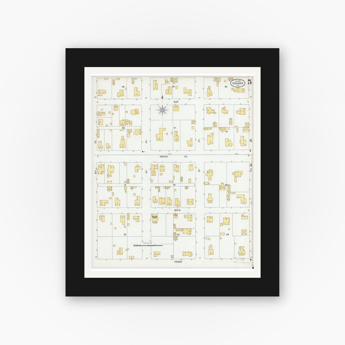 Old map wall art mockup — black gallery frame with white mat — Sanborn Fire Insurance Map from Orange, Orange County, Texas (1901), Sheet #0005
