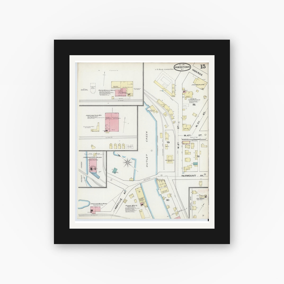 Old map wall art mockup — black gallery frame with white mat — Sanborn Fire Insurance Map from Jamestown, Chautauqua County, New York (1891), Sheet #0015