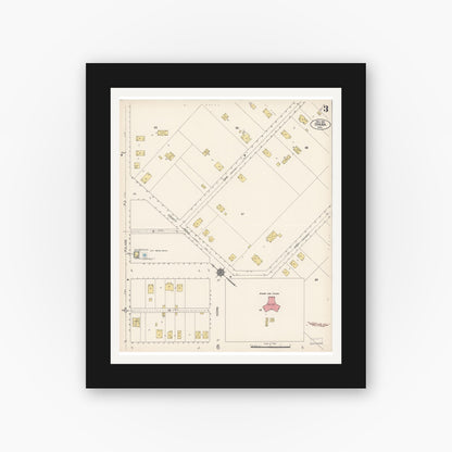 Old map wall art mockup — black gallery frame with white mat — Sanborn Fire Insurance Map from Dinuba, Tulare County, California (1912), Sheet #0003