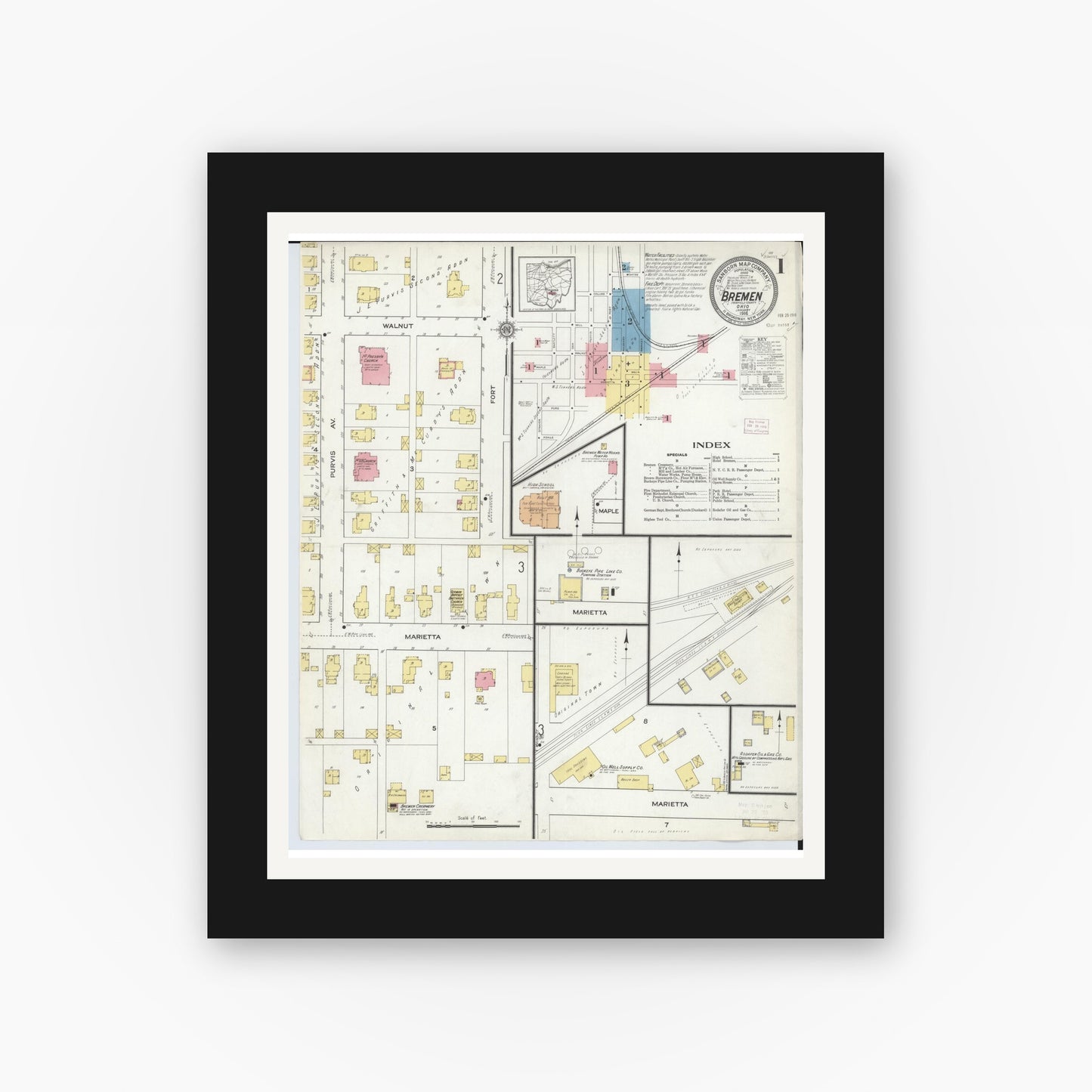 Old map wall art mockup — black gallery frame with white mat — Sanborn Fire Insurance Map from Bremen, Fairfield County, Ohio (1916) - Complete Map Set