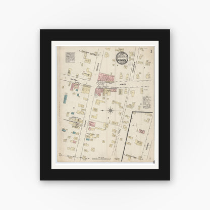 Old map wall art mockup — black gallery frame with white mat — Sanborn Fire Insurance Map from Dundee, Yates County, New York (1884), Sheet #0001