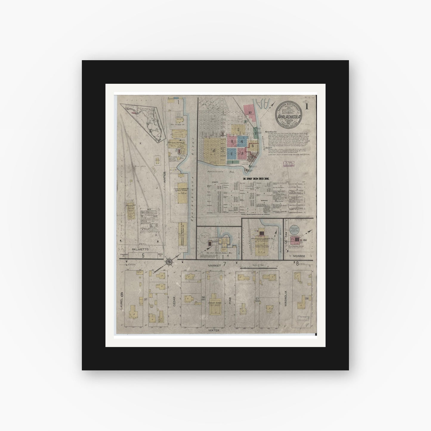Old map wall art mockup — black gallery frame with white mat — Sanborn Fire Insurance Map from Apalachicola, Franklin County, Florida (1913), Sheet #0001