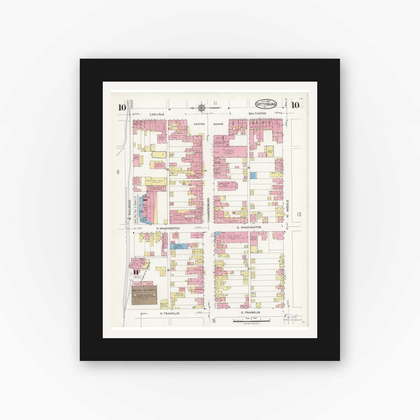 Old map wall art mockup — black gallery frame with white mat — Sanborn Fire Insurance Map from Gettysburg, Adams County, Pennsylvania (1924), Sheet #0010