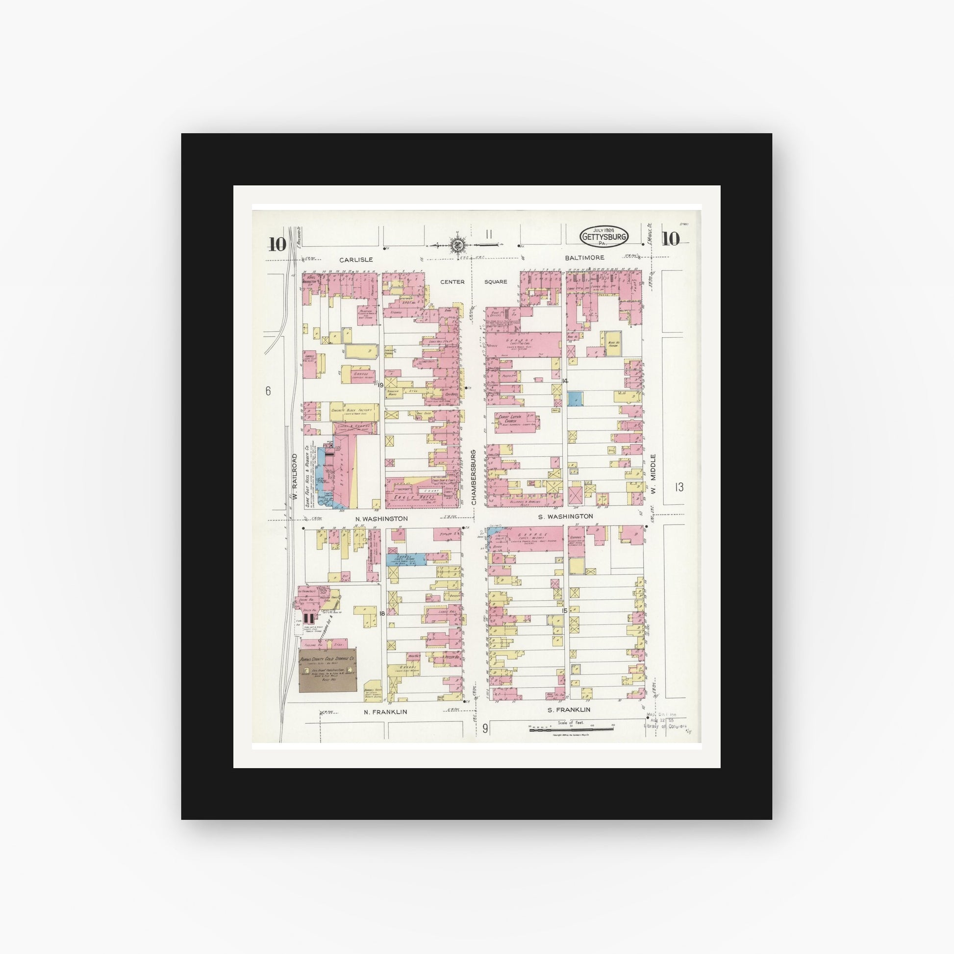 Old map wall art mockup — black gallery frame with white mat — Sanborn Fire Insurance Map from Gettysburg, Adams County, Pennsylvania (1924), Sheet #0010