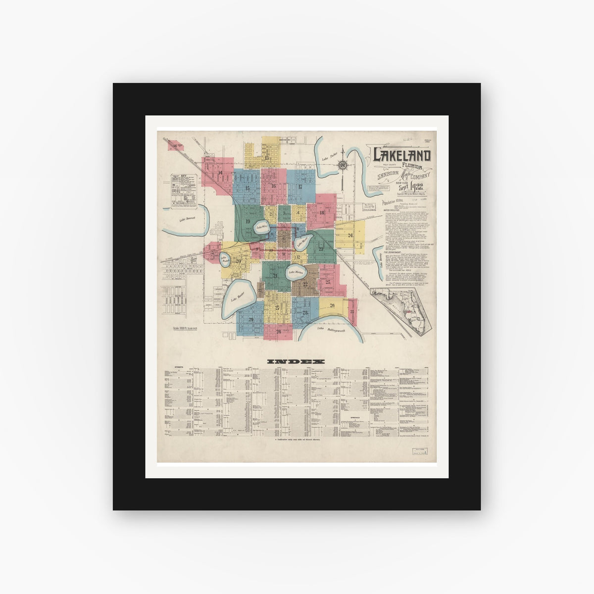 Old map wall art mockup — black gallery frame with white mat — Sanborn Fire Insurance Map from Lakeland, Polk County, Florida (1922), Sheet #0001
