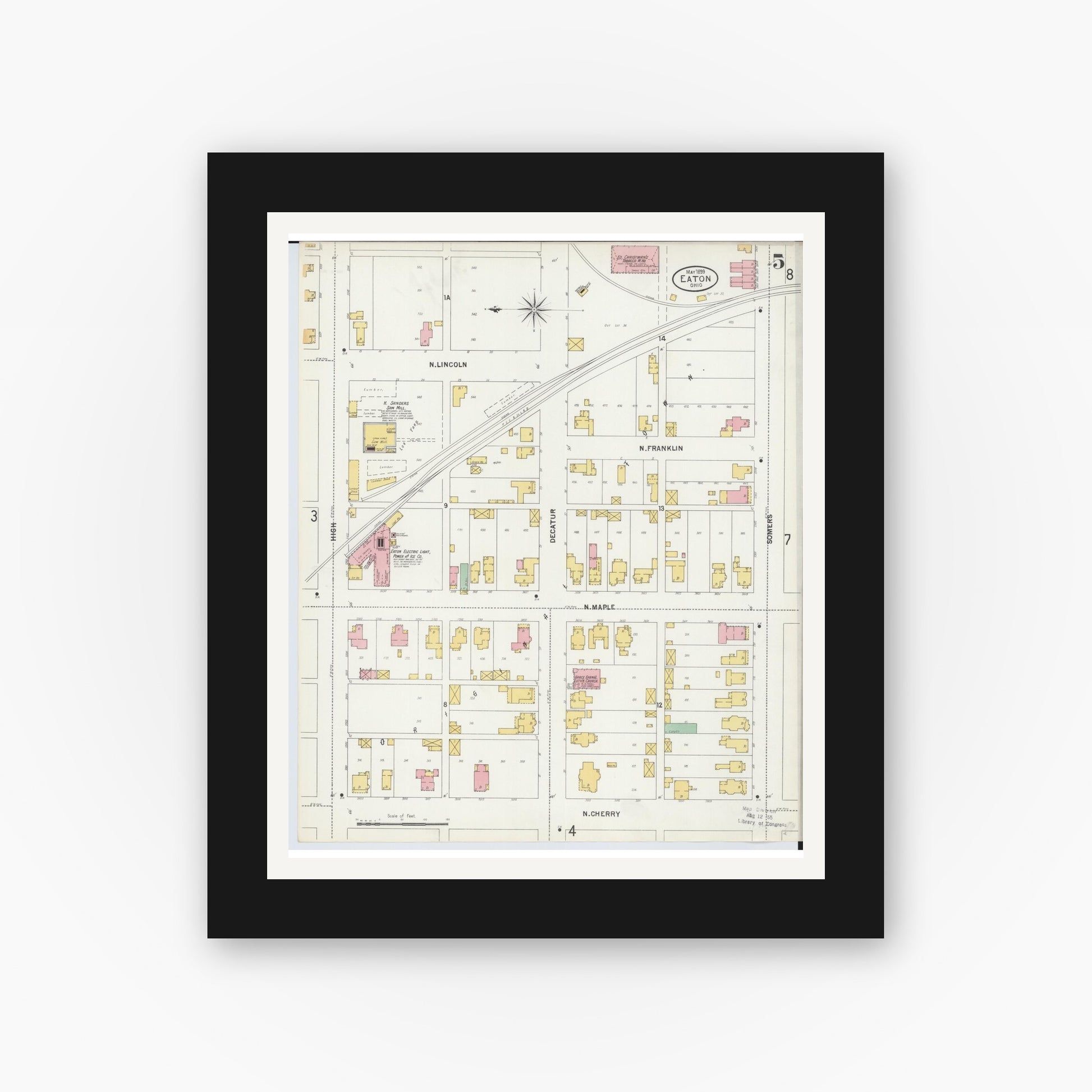 Old map wall art mockup — black gallery frame with white mat — Sanborn Fire Insurance Map from Eaton, Preble County, Ohio (1899), Sheet #0005