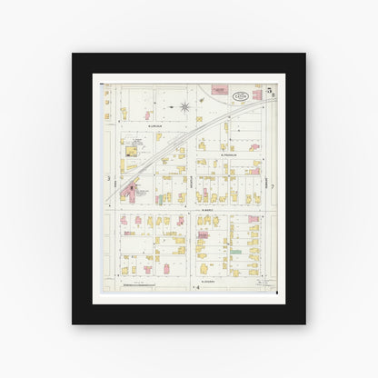 Old map wall art mockup — black gallery frame with white mat — Sanborn Fire Insurance Map from Eaton, Preble County, Ohio (1899), Sheet #0005