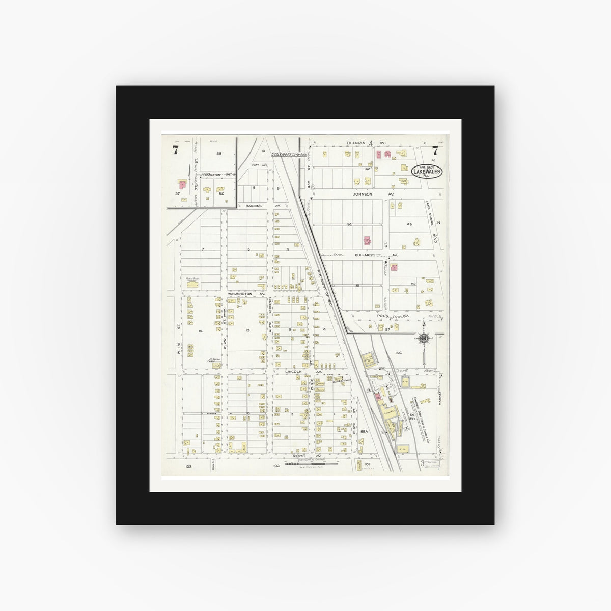 Old map wall art mockup — black gallery frame with white mat — Sanborn Fire Insurance Map from Lake Wales, Polk County, Florida (1924), Sheet #0007