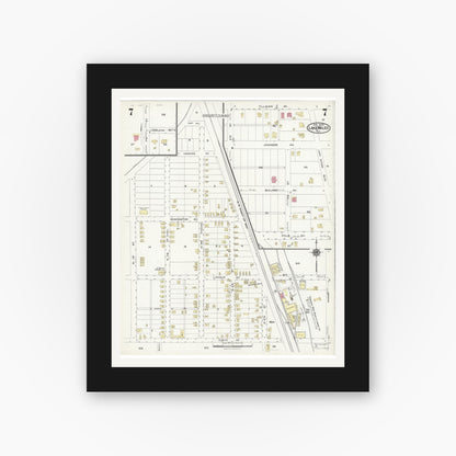 Old map wall art mockup — black gallery frame with white mat — Sanborn Fire Insurance Map from Lake Wales, Polk County, Florida (1924), Sheet #0007