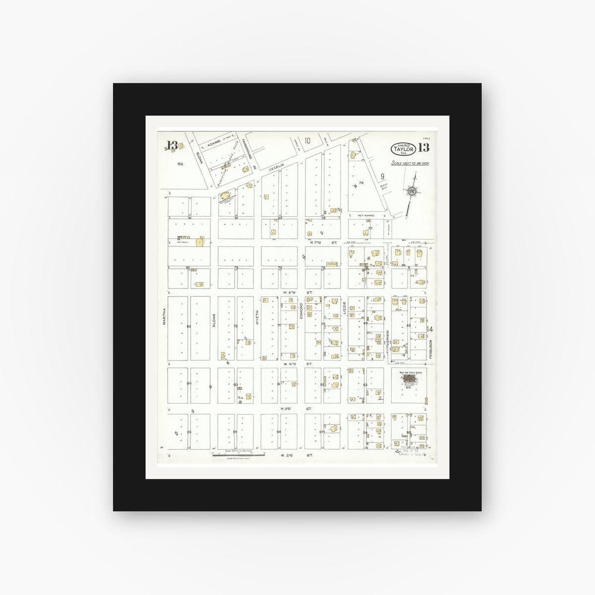 Old map wall art mockup — black gallery frame with white mat — Sanborn Fire Insurance Map from Taylor, Williamson County, Texas (1923), Sheet #0013