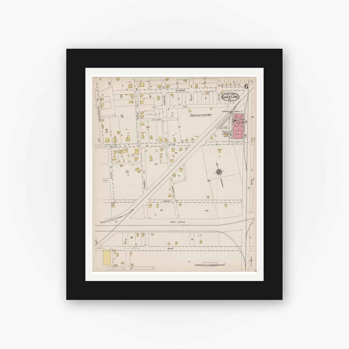 Old map wall art mockup — black gallery frame with white mat — Sanborn Fire Insurance Map from Eagle Lake, Colorado County, Texas (1922), Sheet #0006