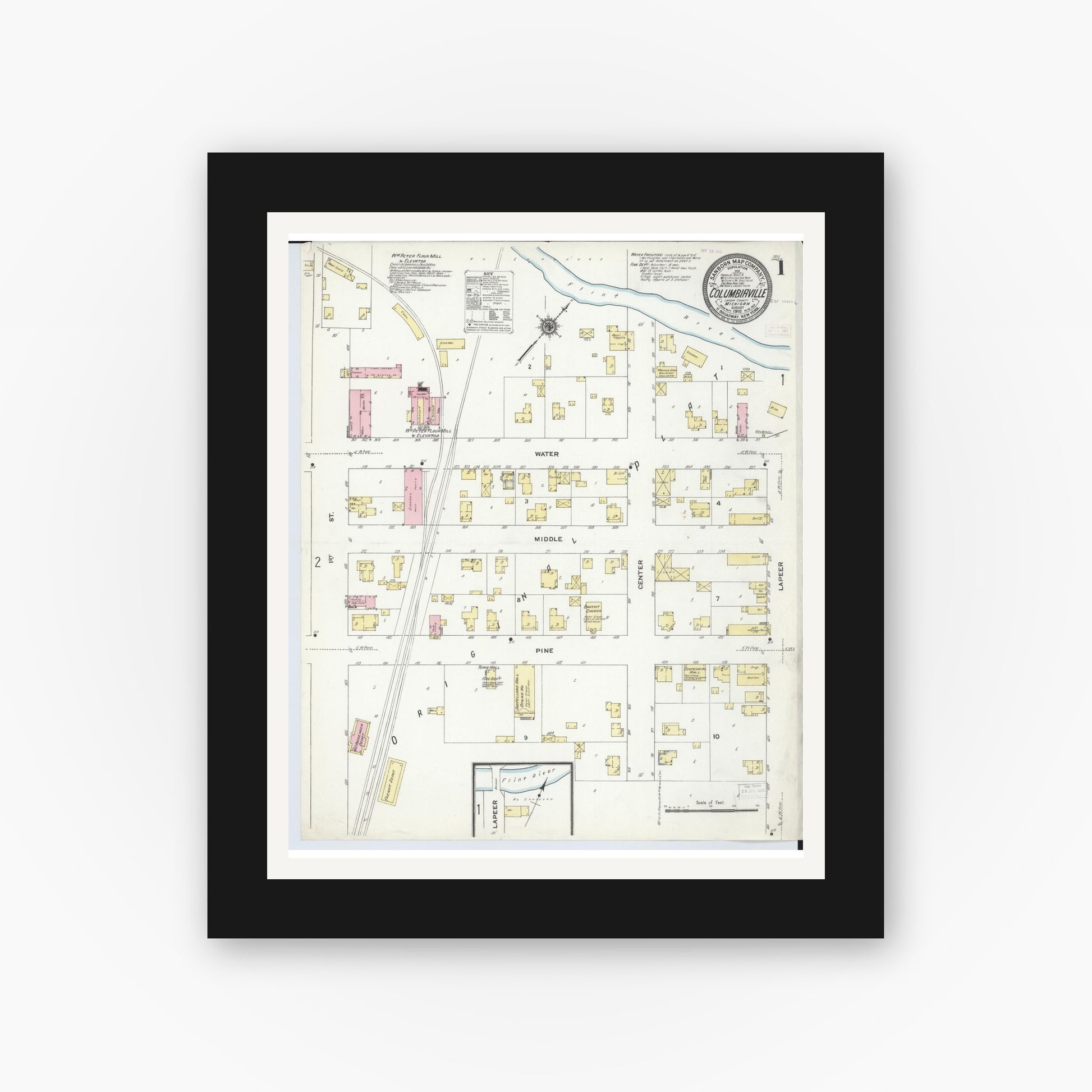 Old map wall art mockup — black gallery frame with white mat — Sanborn Fire Insurance Map from Columbiaville, Lapeer County, Michigan (1910) - Complete Map Set