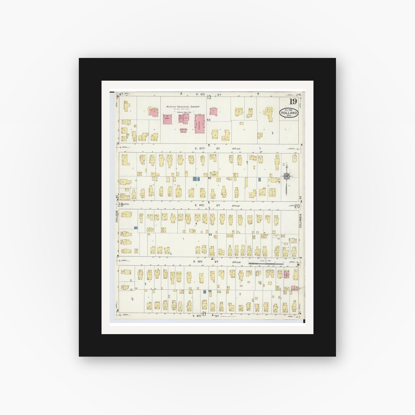 Old map wall art mockup — black gallery frame with white mat — Sanborn Fire Insurance Map from Holland, Ottawa County, Michigan (1916), Sheet #0019
