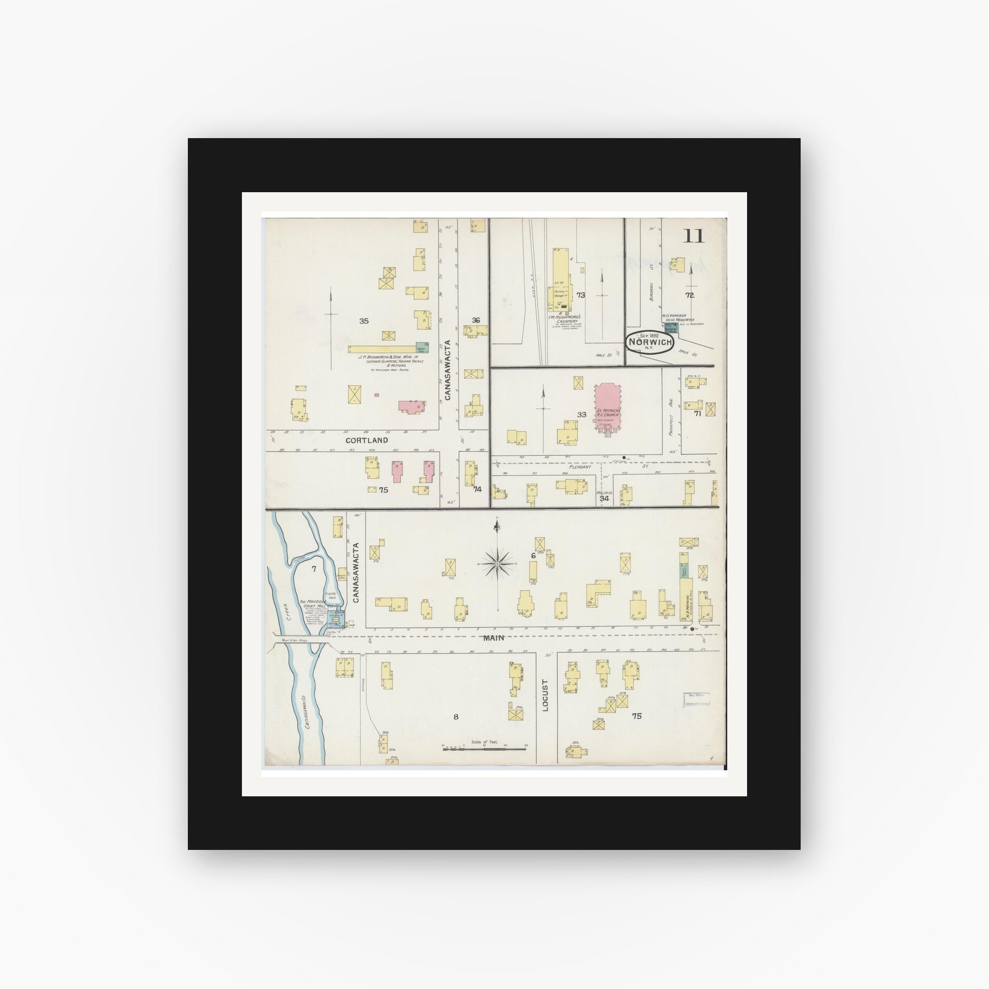 Old map wall art mockup — black gallery frame with white mat — Sanborn Fire Insurance Map from Norwich, Chenango County, New York (1892), Sheet #0011