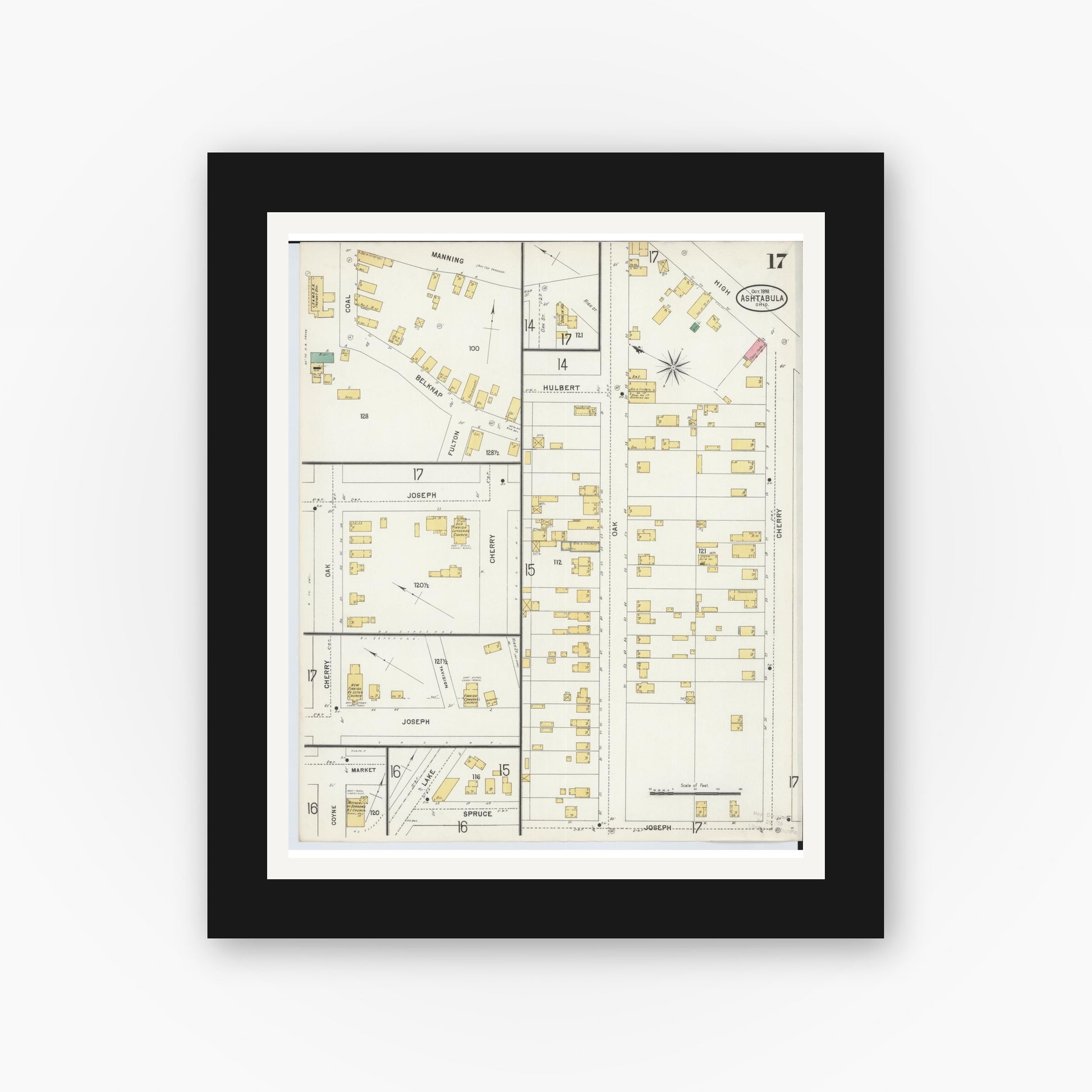 Old map wall art mockup — black gallery frame with white mat — Sanborn Fire Insurance Map from Ashtabula, Ashtabula County, Ohio (1898), Sheet #0017