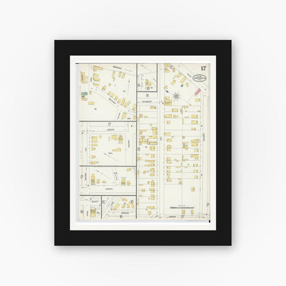 Old map wall art mockup — black gallery frame with white mat — Sanborn Fire Insurance Map from Ashtabula, Ashtabula County, Ohio (1898), Sheet #0017