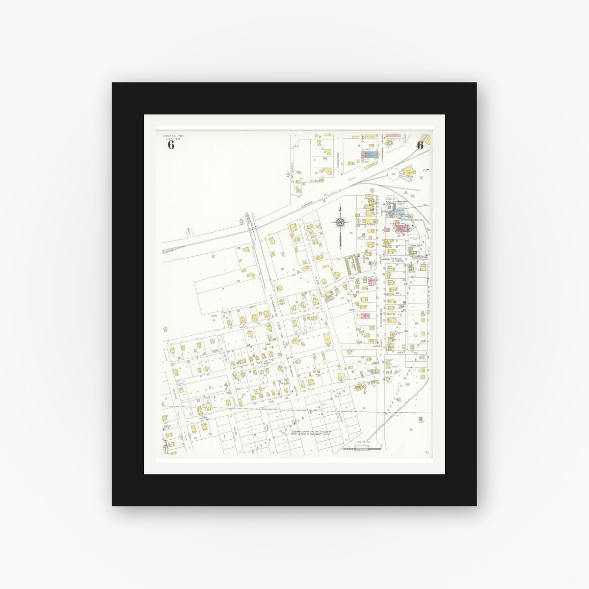 Old map wall art mockup — black gallery frame with white mat — Sanborn Fire Insurance Map from Conroe, Montgomery County, Texas (1938), Sheet #0006
