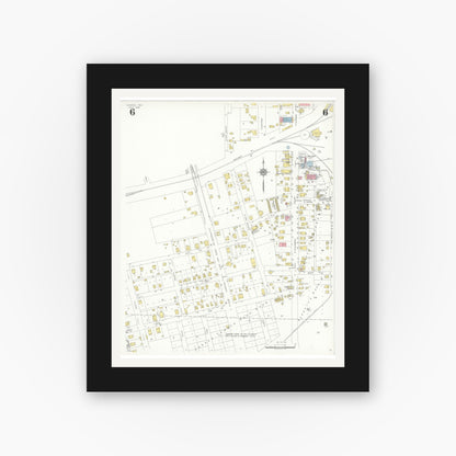 Old map wall art mockup — black gallery frame with white mat — Sanborn Fire Insurance Map from Conroe, Montgomery County, Texas (1938), Sheet #0006