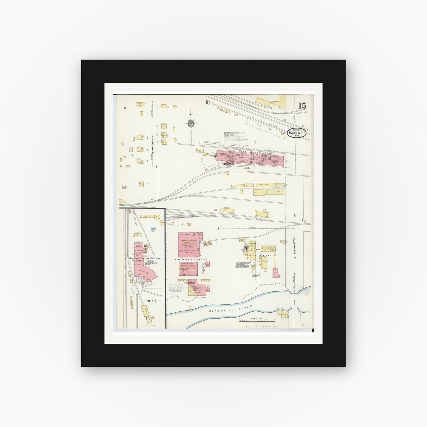 Old map wall art mockup — black gallery frame with white mat — Sanborn Fire Insurance Map from Marshall, Calhoun County, Michigan (1911), Sheet #0015