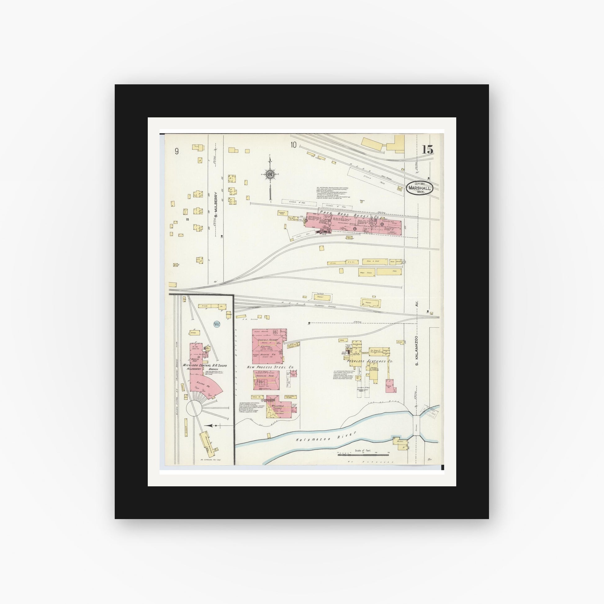 Old map wall art mockup — black gallery frame with white mat — Sanborn Fire Insurance Map from Marshall, Calhoun County, Michigan (1911), Sheet #0015