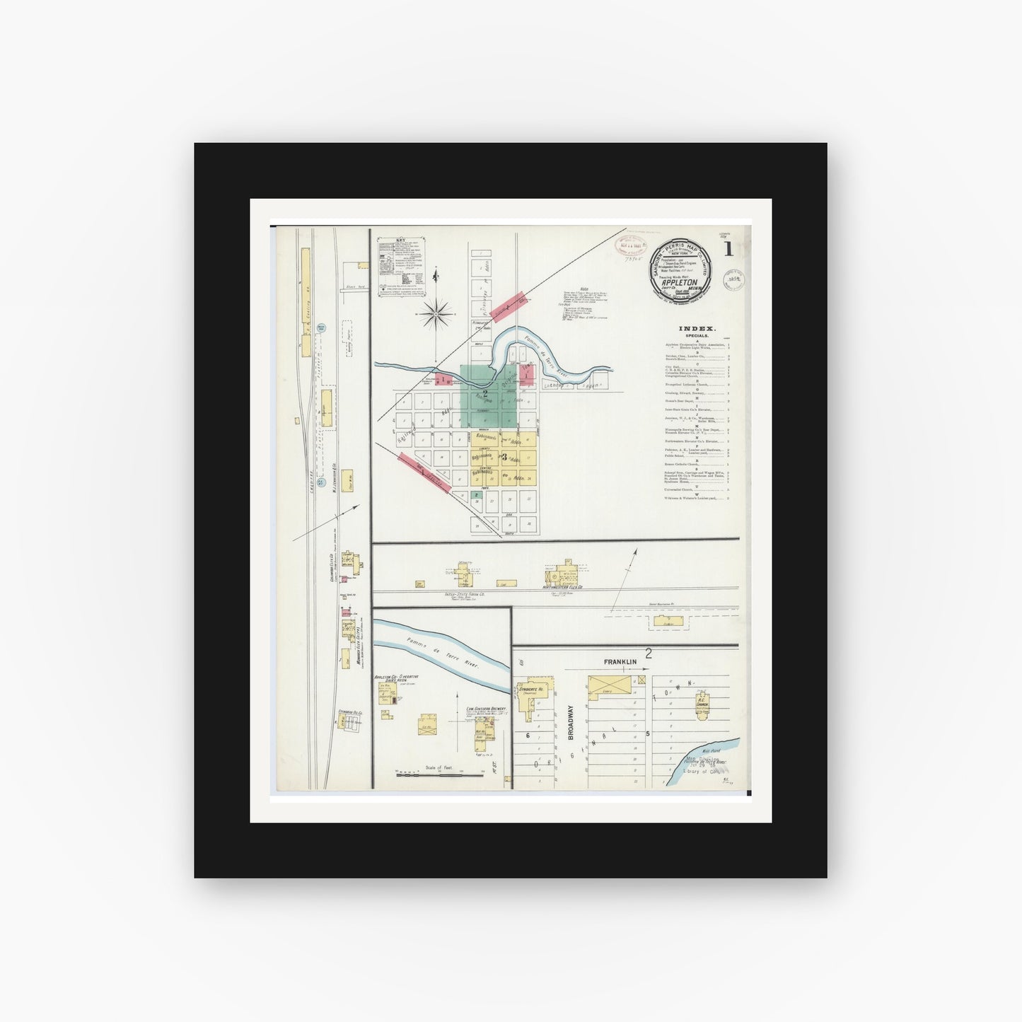 Old map wall art mockup — black gallery frame with white mat — Sanborn Fire Insurance Map from Appleton, Swift County, Minnesota (1899) - Complete Map Set