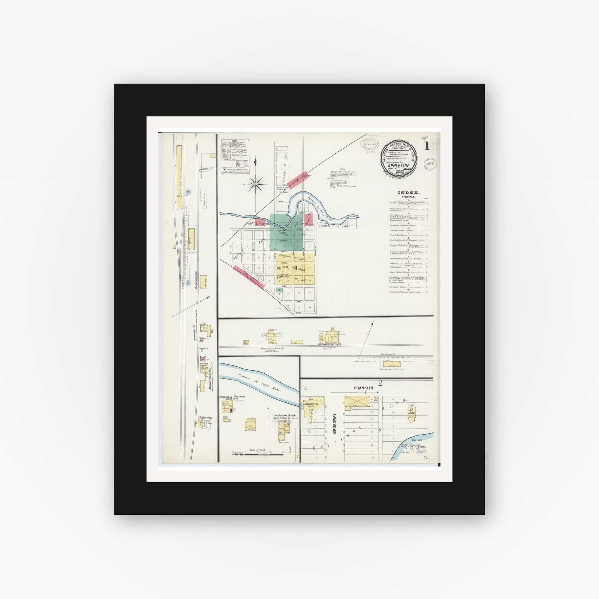Old map wall art mockup — black gallery frame with white mat — Sanborn Fire Insurance Map from Appleton, Swift County, Minnesota (1899) - Complete Map Set