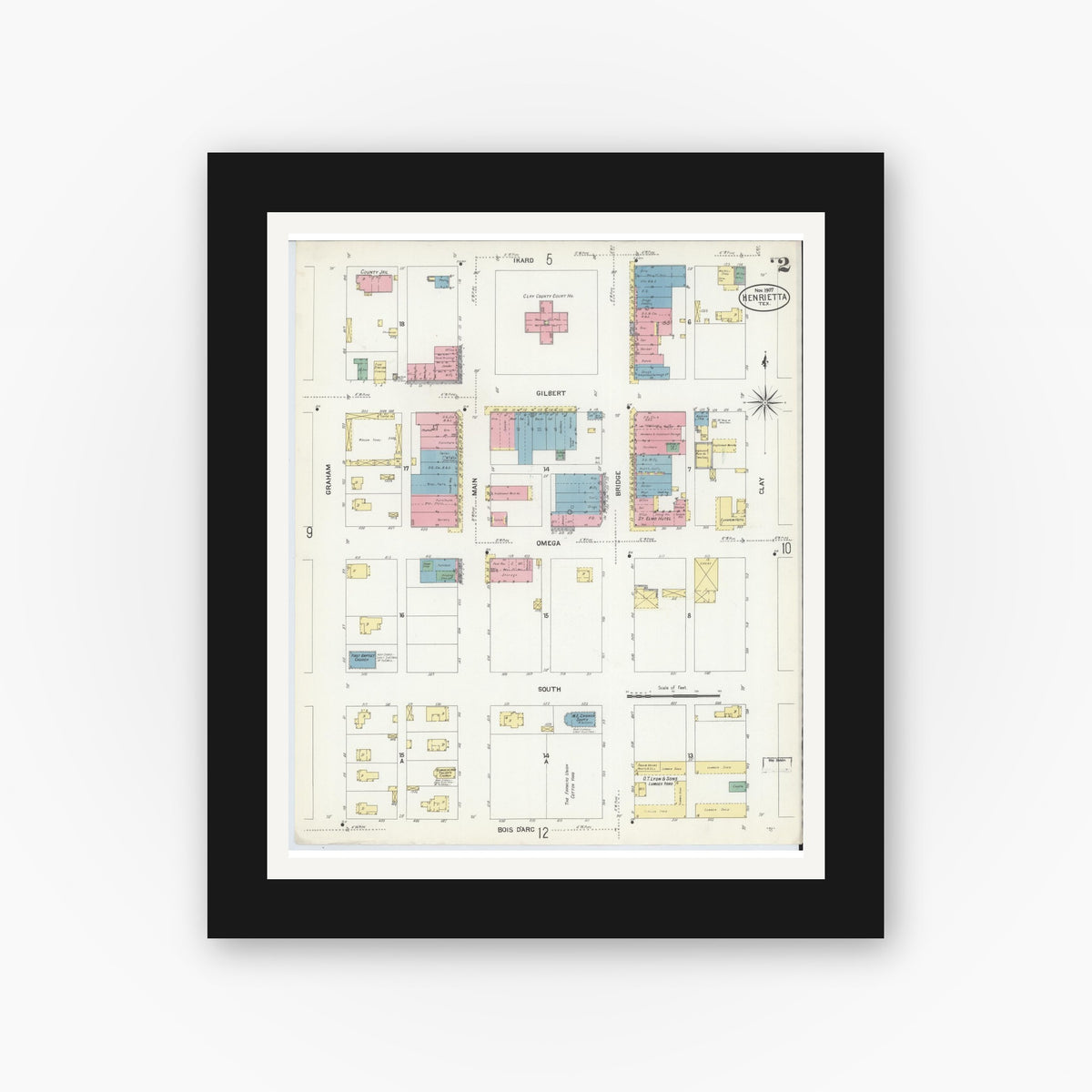 Old map wall art mockup — black gallery frame with white mat — Sanborn Fire Insurance Map from Henrietta, Clay County, Texas (1907), Sheet #0002