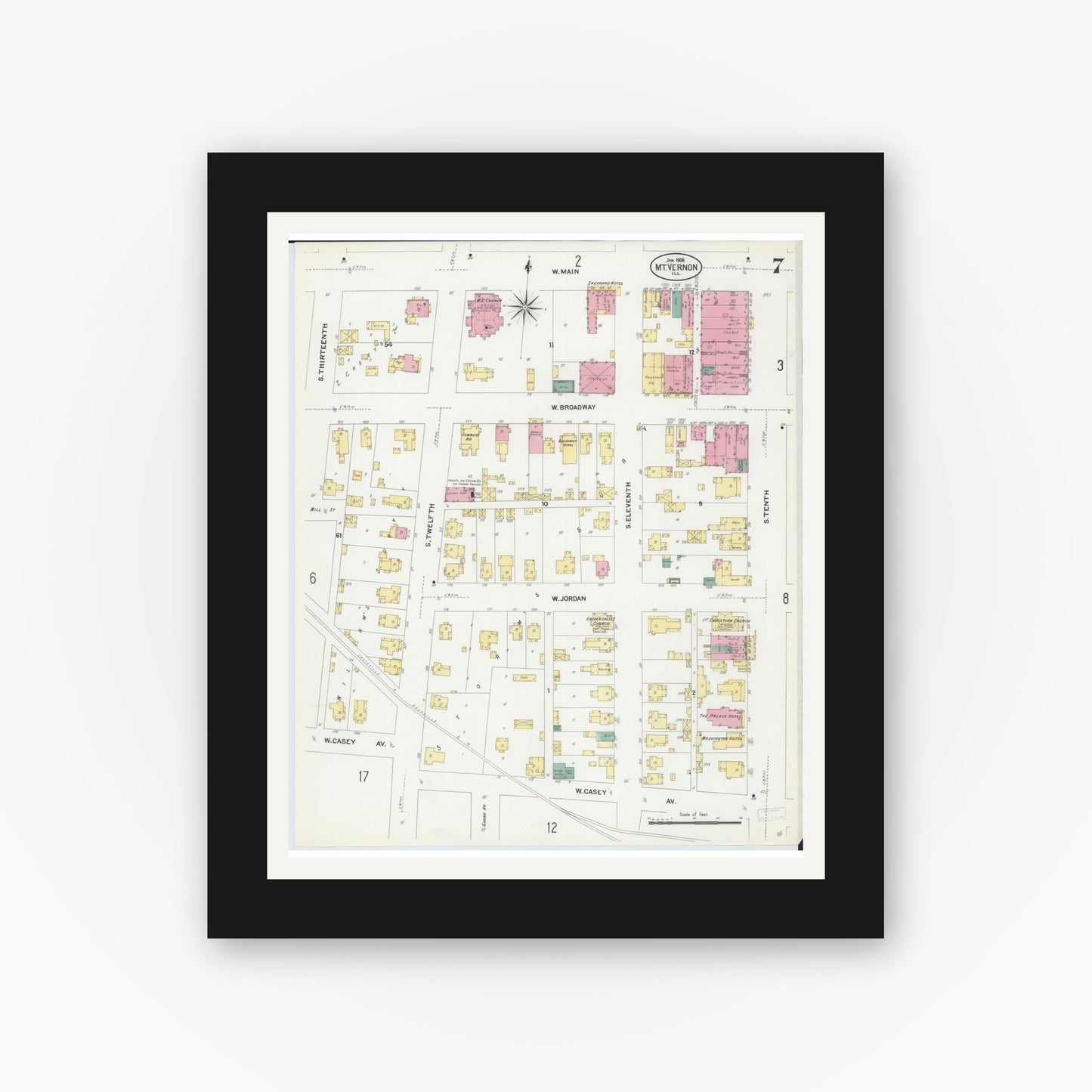Old map wall art mockup — black gallery frame with white mat — Sanborn Fire Insurance Map from Mount Vernon, Jefferson County, Illinois (1908), Sheet #0007