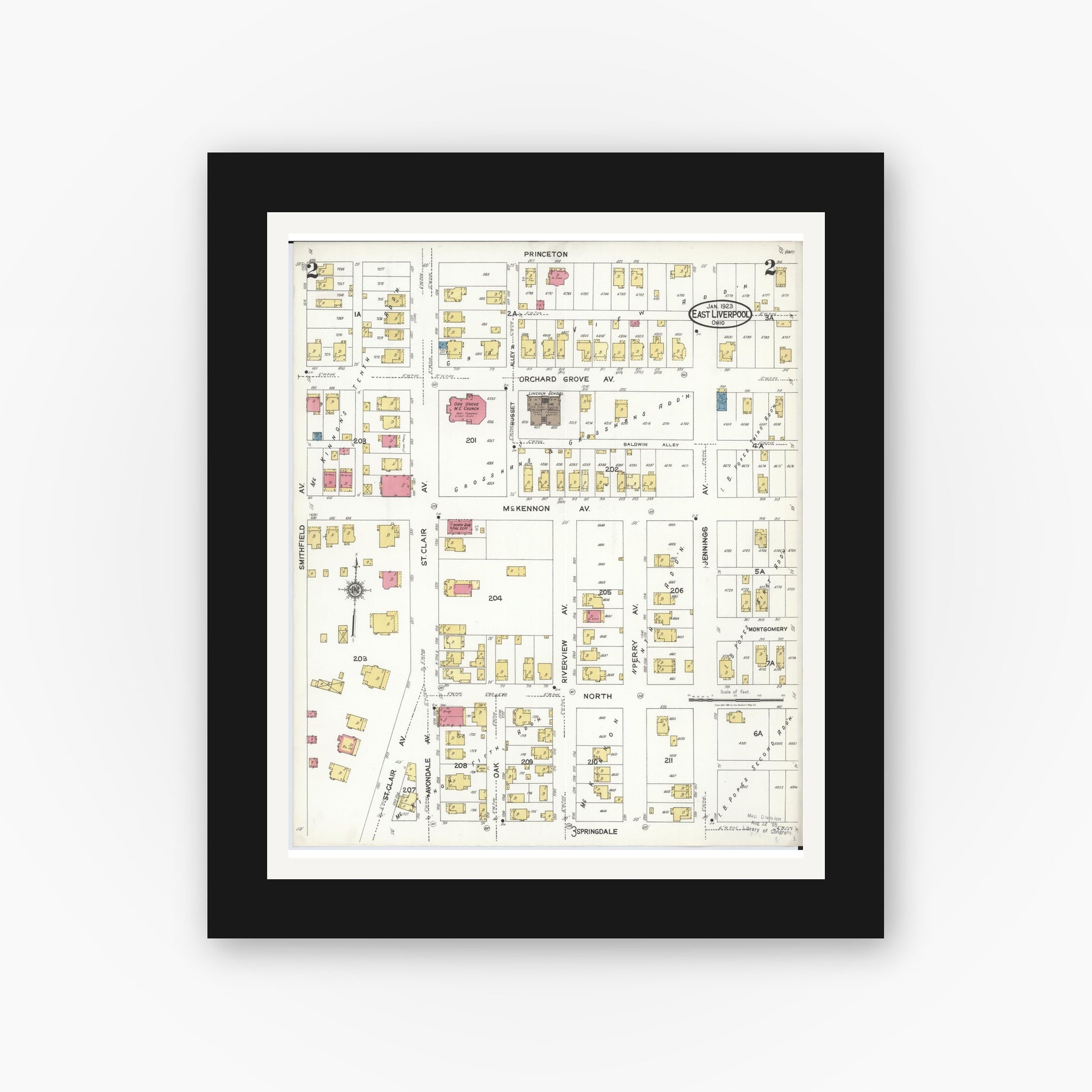 Old map wall art mockup — black gallery frame with white mat — Sanborn Fire Insurance Map from East Liverpool, Columbiana County, Ohio (1923) - Complete Map Set