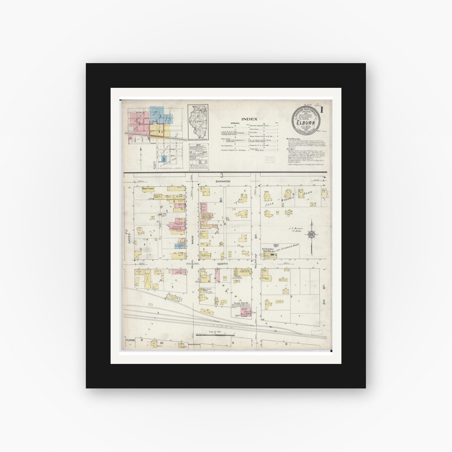Old map wall art mockup — black gallery frame with white mat — Sanborn Fire Insurance Map from Elburn, Kane County, Illinois (1914) - Complete Map Set