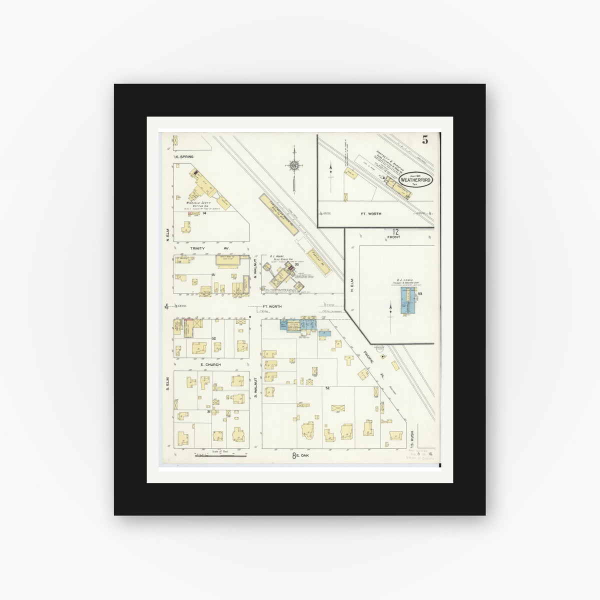 Old map wall art mockup — black gallery frame with white mat — Sanborn Fire Insurance Map from Weatherford, Parker County, Texas (1910), Sheet #0005