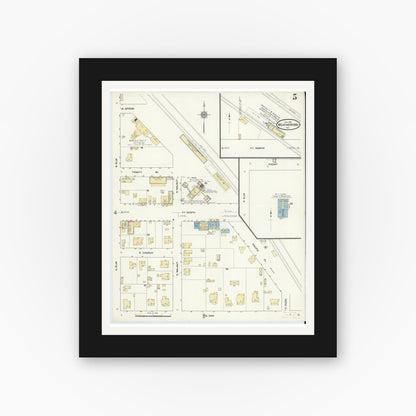 Old map wall art mockup — black gallery frame with white mat — Sanborn Fire Insurance Map from Weatherford, Parker County, Texas (1910), Sheet #0005