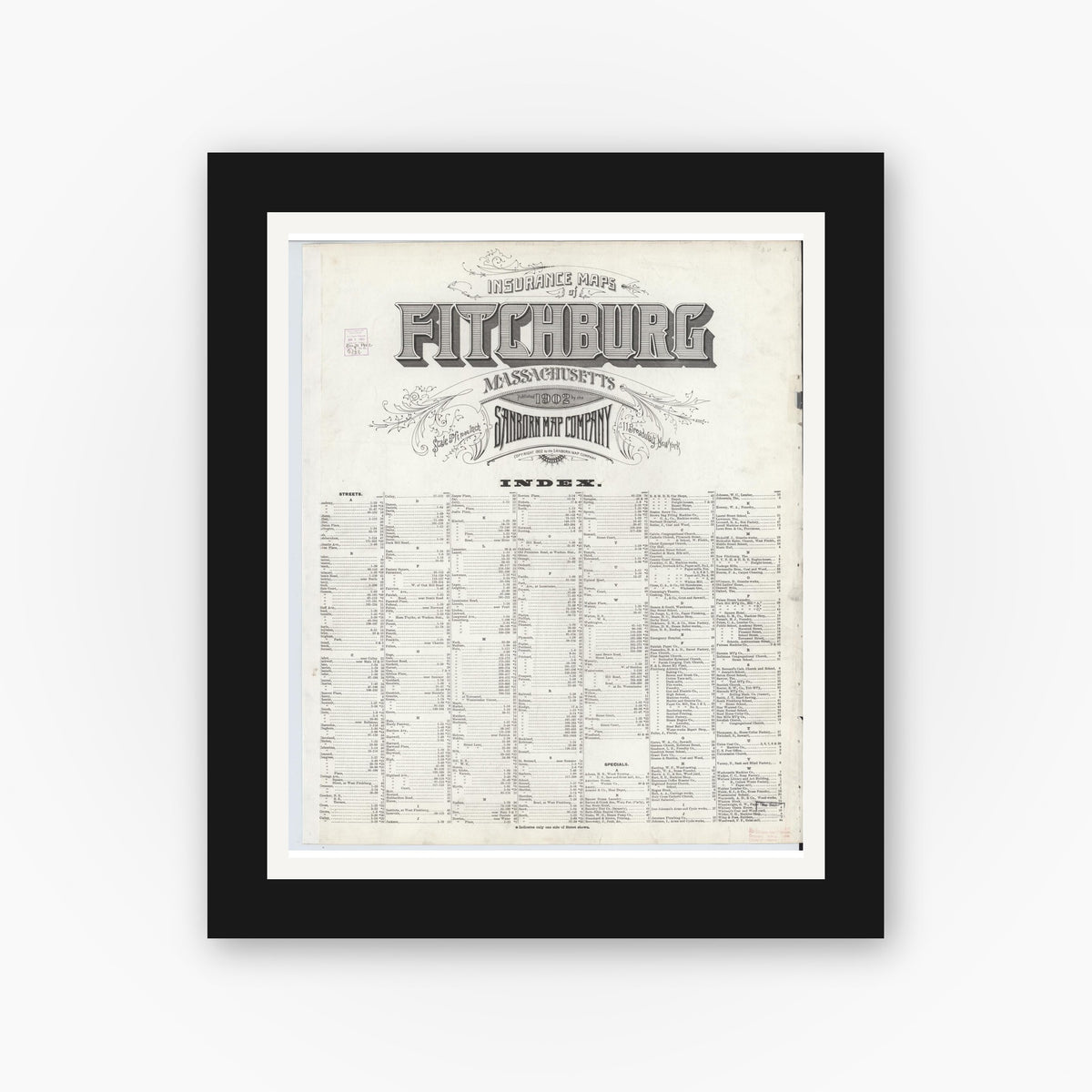 Old map wall art mockup — black gallery frame with white mat — Sanborn Fire Insurance Map from Fitchburg, Worcester County, Massachusetts (1902), Sheet #0001