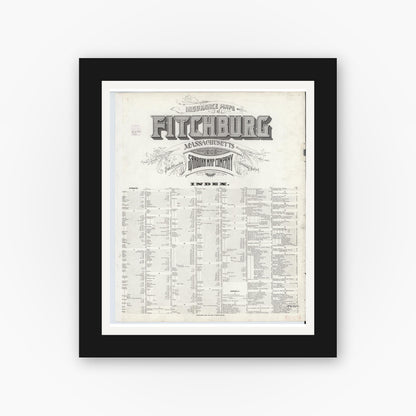 Old map wall art mockup — black gallery frame with white mat — Sanborn Fire Insurance Map from Fitchburg, Worcester County, Massachusetts (1902), Sheet #0001
