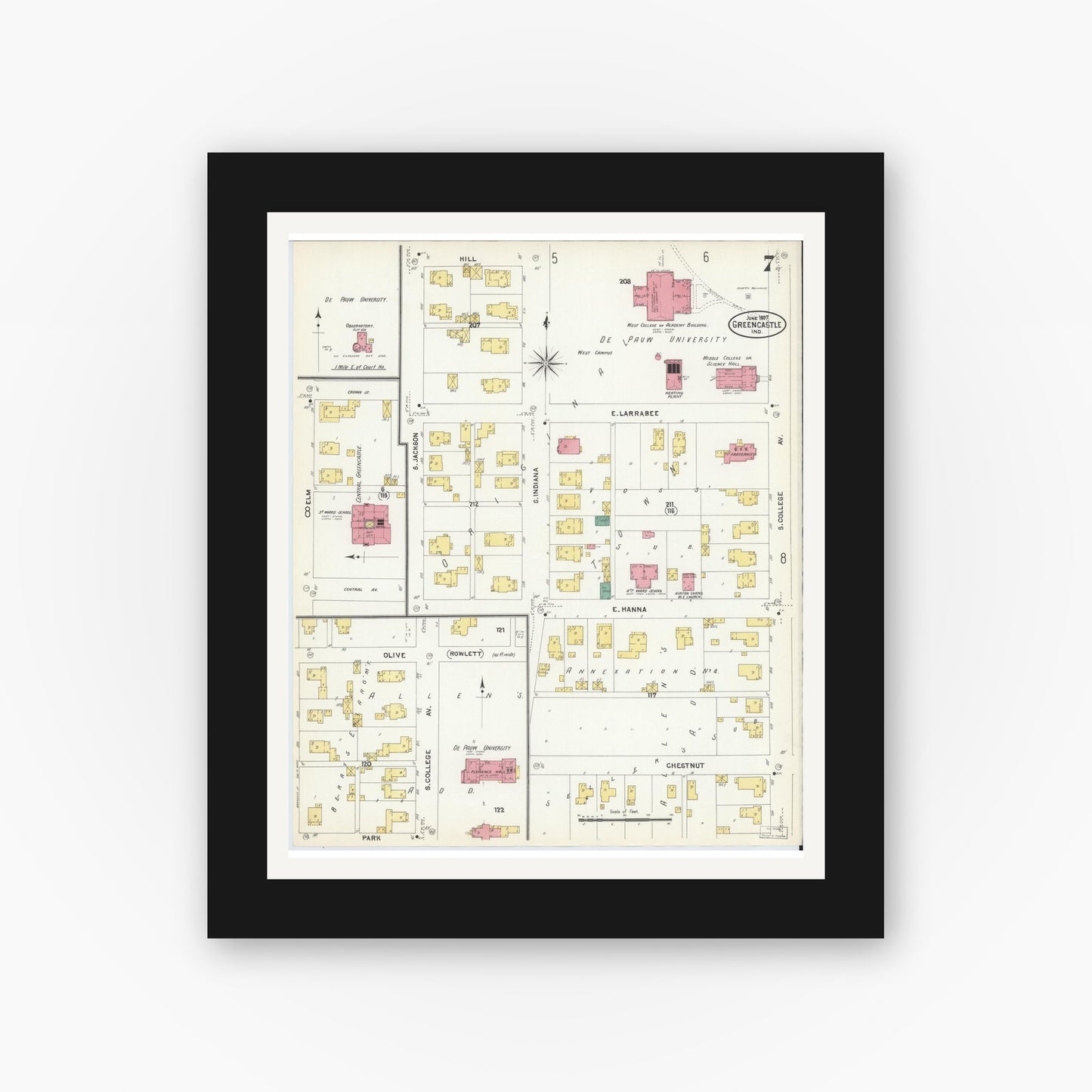 Old map wall art mockup — black gallery frame with white mat — Sanborn Fire Insurance Map from Greencastle, Putnam County, Indiana (1907), Sheet #0007