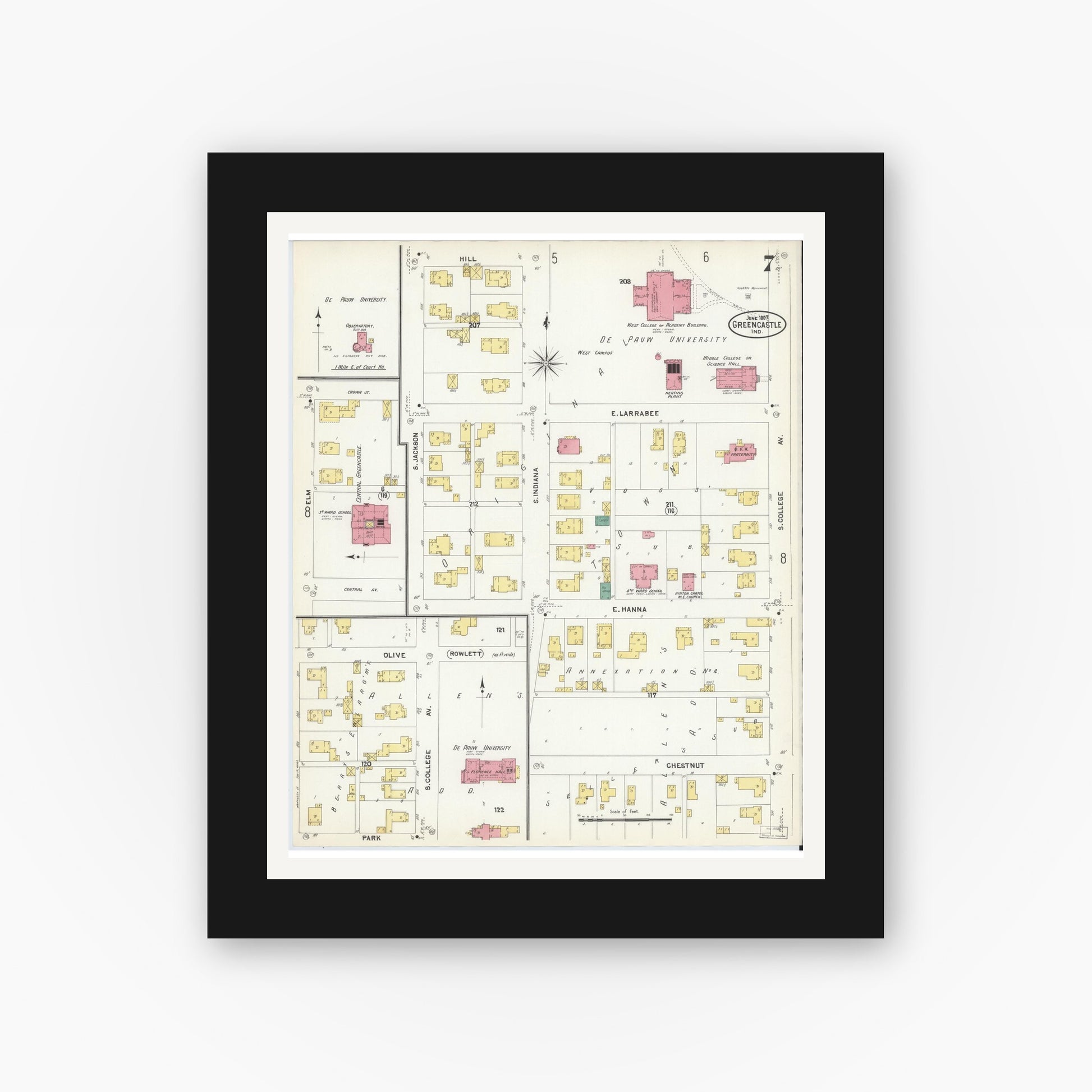 Old map wall art mockup — black gallery frame with white mat — Sanborn Fire Insurance Map from Greencastle, Putnam County, Indiana (1907), Sheet #0007