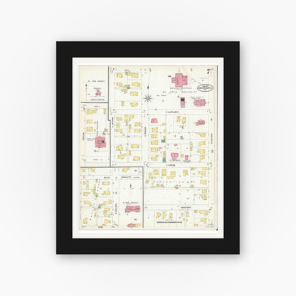 Old map wall art mockup — black gallery frame with white mat — Sanborn Fire Insurance Map from Greencastle, Putnam County, Indiana (1907), Sheet #0007